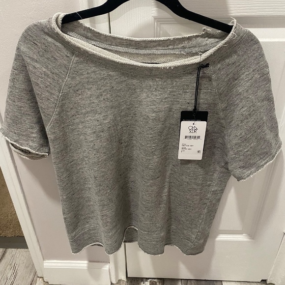 NWT Chaser Raw Edge Scoopneck Short Sleeve Linen Blend Gray Sweatshirt Sz L - Picture 2 of 5